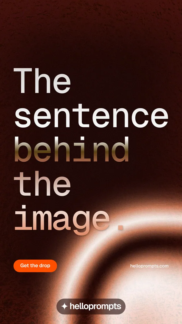 Instagram story for HelloPrompts: "The sentence behind the image." Y2K style, poster layout, dark palette in black, orange, red.