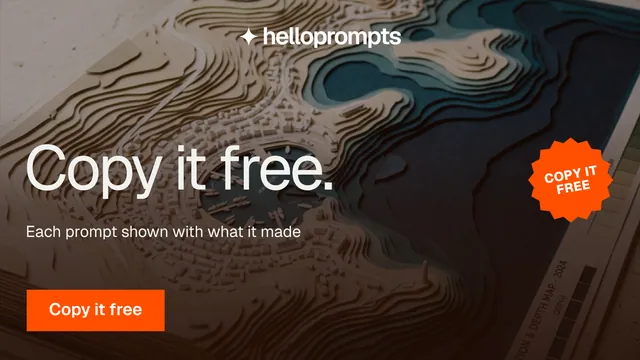 Landscape graphic for HelloPrompts: "Copy it free." Swiss style, sticker layout, dark palette in grey, black, orange.