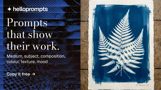 Landscape graphic for HelloPrompts: "Prompts that show their work." Minimal luxury style, bottom layout, dark palette in black, grey, blue.