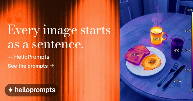 Social ad for HelloPrompts: "The art of speaking to machines." Minimal luxury style, quote layout, dark palette in orange, blue, red.
