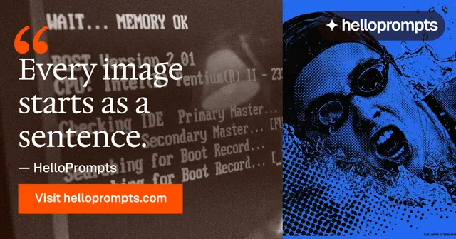 Social ad for HelloPrompts: "Say it like an art director." Swiss style, quote layout, dark palette in orange, blue, grey.