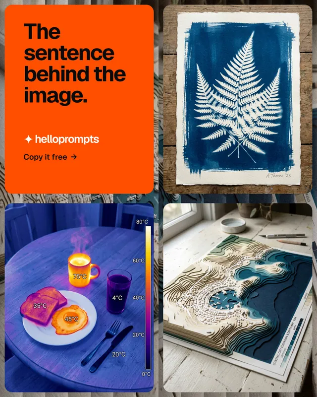 Instagram portrait post for HelloPrompts: "The sentence behind the image." Agentic glass style, collage layout, light palette in blue, grey, orange.