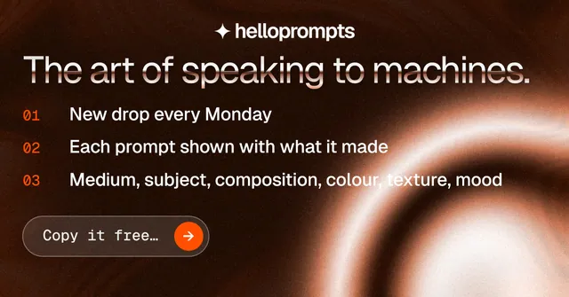Social ad for HelloPrompts: "The art of speaking to machines." Agentic glass style, numbered layout, dark palette in black, orange.