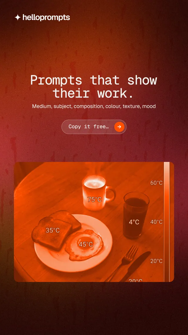Instagram story for HelloPrompts: "Prompts that show their work." Agentic glass style, centred layout, dark palette in red, orange.