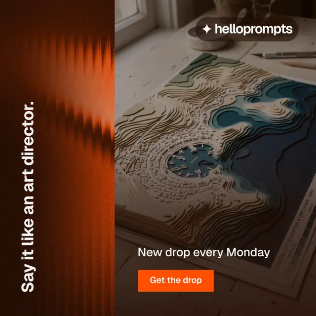 Instagram post for HelloPrompts: "Say it like an art director." Swiss style, vertical layout, dark palette in black, orange, grey.