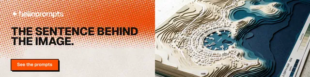 LinkedIn banner for HelloPrompts: "The sentence behind the image." Brutalist style, bottom layout, light palette in brown, red, orange.