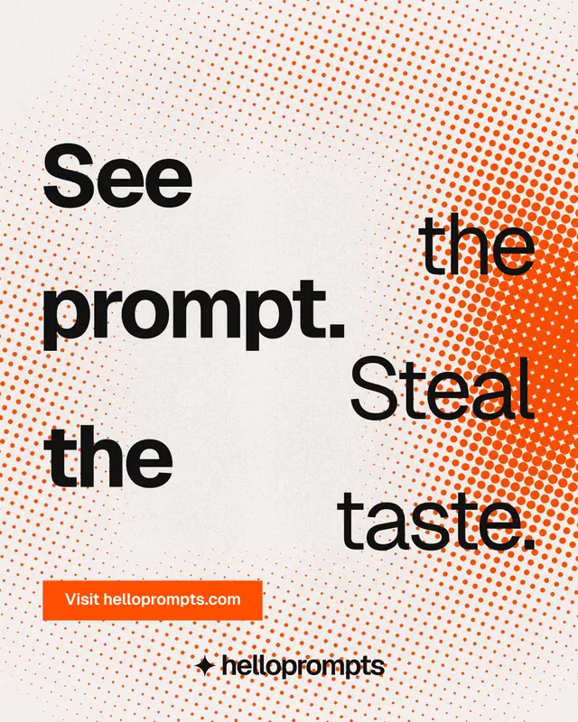 Instagram portrait post for HelloPrompts: "See the prompt. Steal the taste." Split block style, stacked layout, light palette in orange, white.