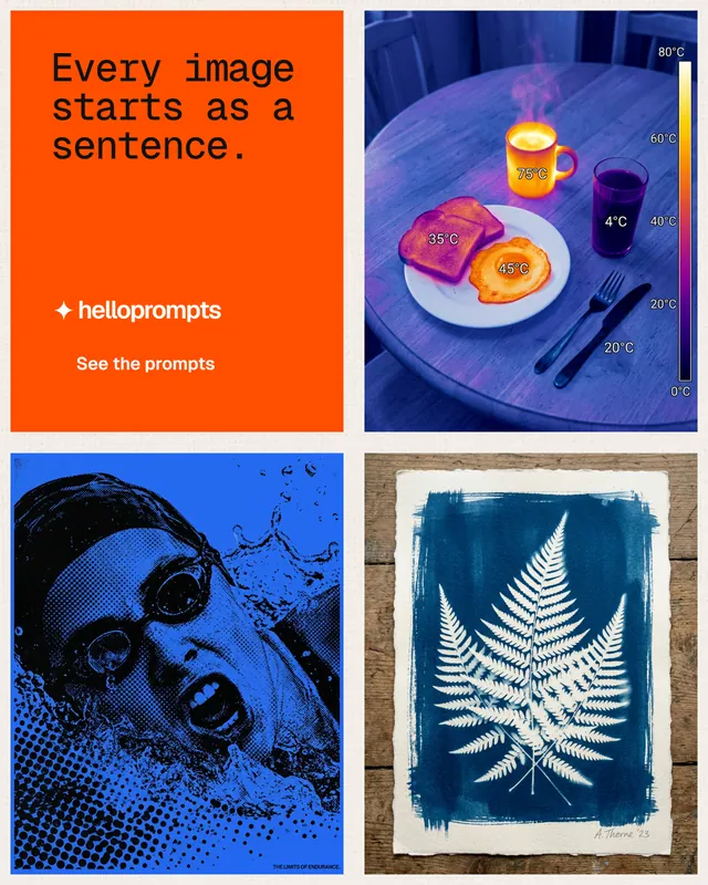 Instagram portrait post for HelloPrompts: "Every image starts as a sentence." Swiss style, collage layout, dark palette in blue, red, white.