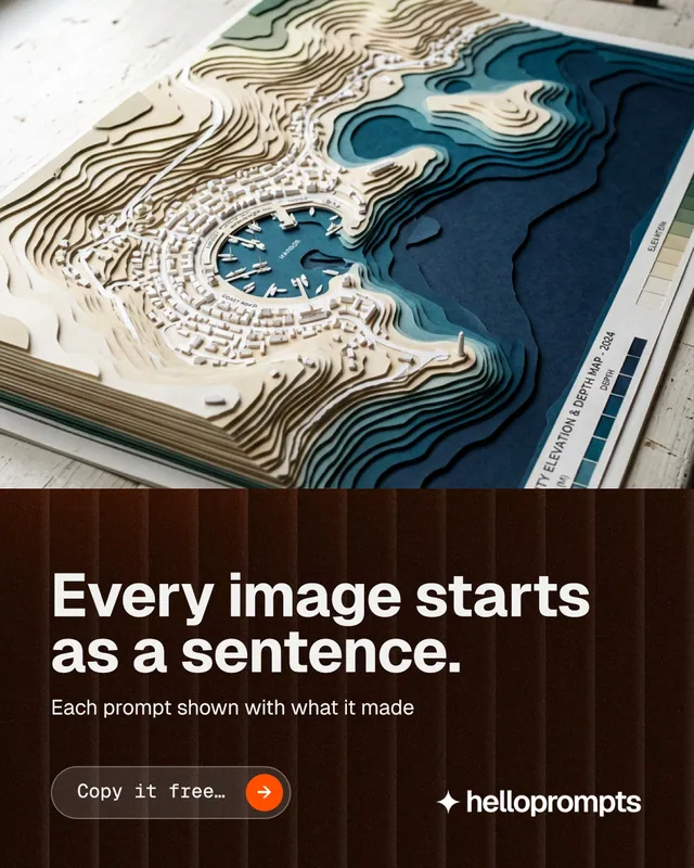Instagram portrait post for HelloPrompts: "Every image starts as a sentence." Agentic glass style, bottom layout, dark palette in black, grey, orange.