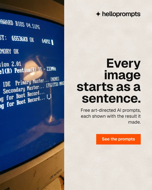 Instagram portrait post for HelloPrompts: "Every image starts as a sentence." Swiss style, right layout, light palette in blue, orange, grey.