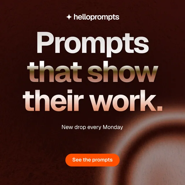 Instagram post for HelloPrompts: "Prompts that show their work." Y2K style, centred layout, dark palette in black, orange, red.