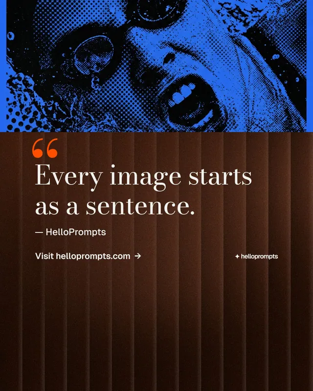 Instagram portrait post for HelloPrompts: "Every image starts as a sentence." Minimal luxury style, quote layout, dark palette in red, black, blue.