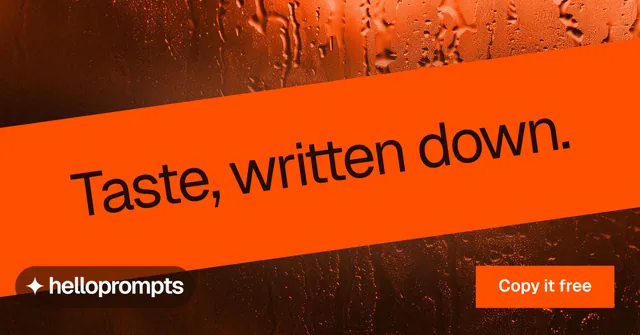 Social ad for HelloPrompts: "Taste, written down." Swiss style, diagonal layout, dark palette in orange.