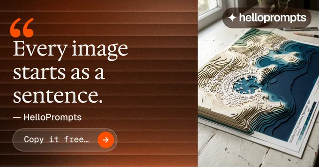 Social ad for HelloPrompts: "See the prompt. Steal the taste." Agentic glass style, quote layout, dark palette in grey, orange, brown.