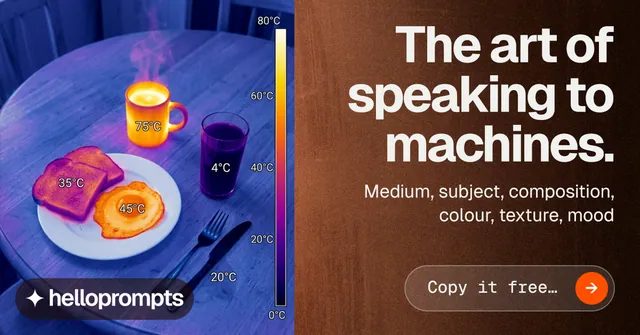 Social ad for HelloPrompts: "The art of speaking to machines." Agentic glass style, right layout, dark palette in red, blue, purple.
