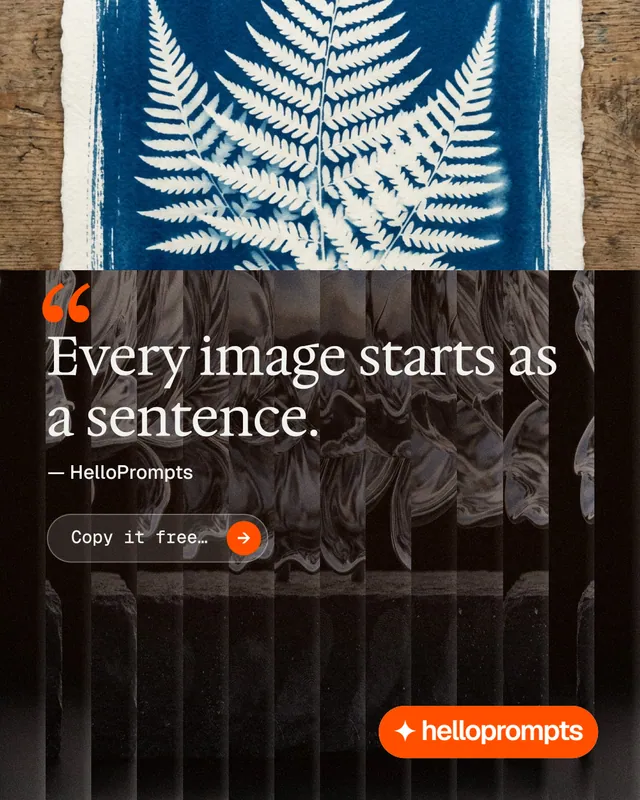 Instagram portrait post for HelloPrompts: "The sentence behind the image." Agentic glass style, quote layout, dark palette in grey, black, orange.