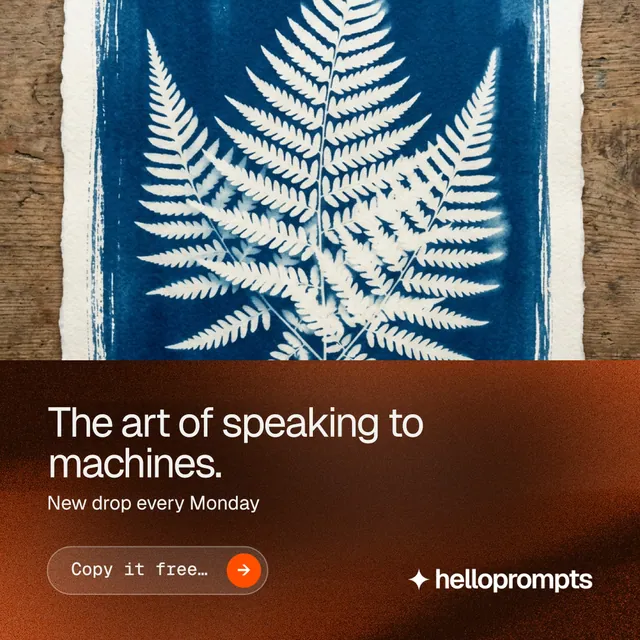 Instagram post for HelloPrompts: "The art of speaking to machines." Agentic glass style, bottom layout, dark palette in orange, grey, blue.
