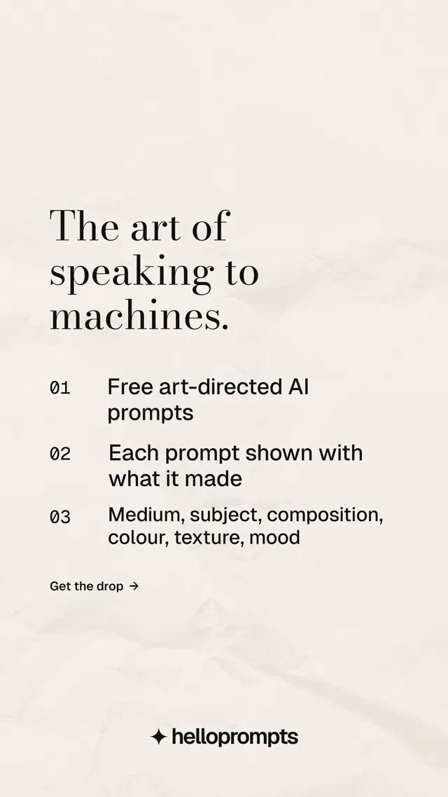 Instagram story for HelloPrompts: "The art of speaking to machines." Minimal luxury style, numbered layout, light palette in white, orange, grey.