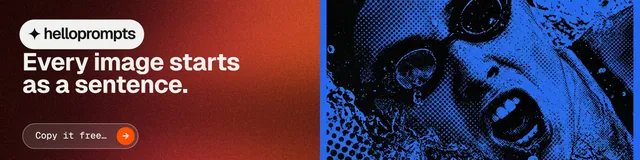 LinkedIn banner for HelloPrompts: "Every image starts as a sentence." Agentic glass style, bottom layout, dark palette in black, red, blue.