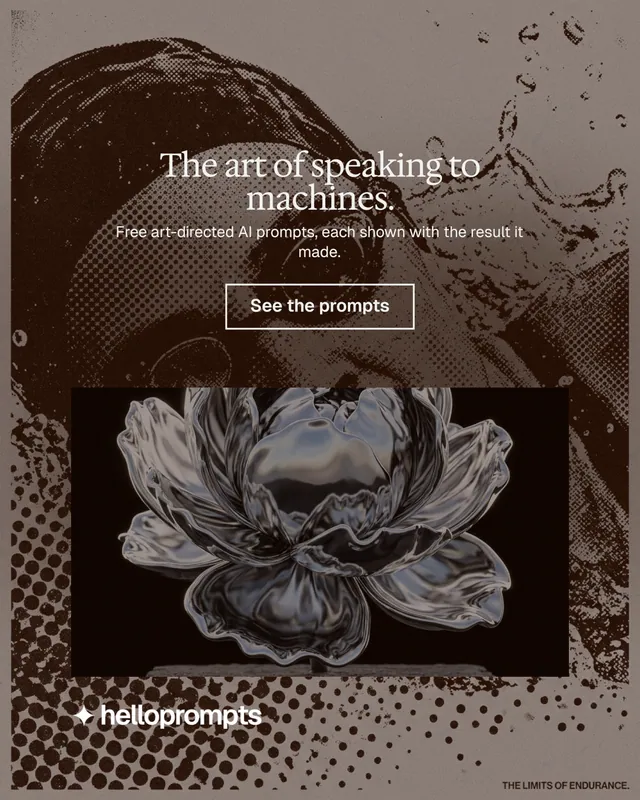 Instagram portrait post for HelloPrompts: "The art of speaking to machines." Editorial style, centred layout, dark palette in orange, black, grey.