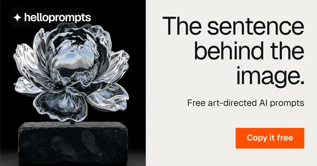 Social ad for HelloPrompts: "The sentence behind the image." Swiss style, right layout, light palette in white, black, grey.