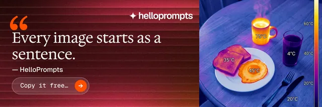 X header for HelloPrompts: "Taste, written down." Agentic glass style, quote layout, dark palette in red, blue, pink.