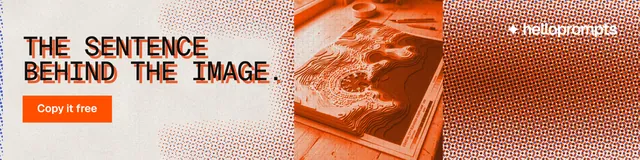 LinkedIn banner for HelloPrompts: "The sentence behind the image." Retro print style, skeleton layout, light palette in orange.