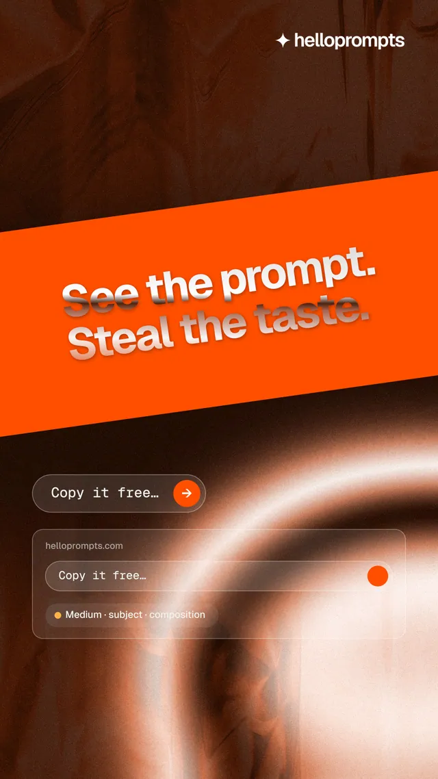 Instagram story for HelloPrompts: "See the prompt. Steal the taste." Agentic glass style, diagonal layout, dark palette in orange.