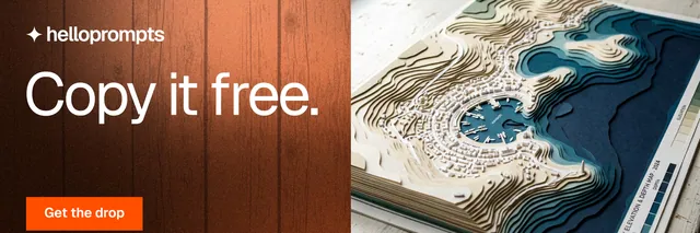 X header for HelloPrompts: "Copy it free." Swiss style, bottom layout, light palette in black, brown, orange.