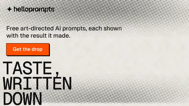 Landscape graphic for HelloPrompts: "Taste, written down." Brutalist style, oversized layout, light palette in grey, white.