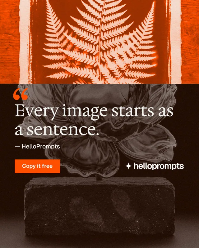 Instagram portrait post for HelloPrompts: "Every image starts as a sentence." Swiss style, quote layout, dark palette in black, orange, brown.