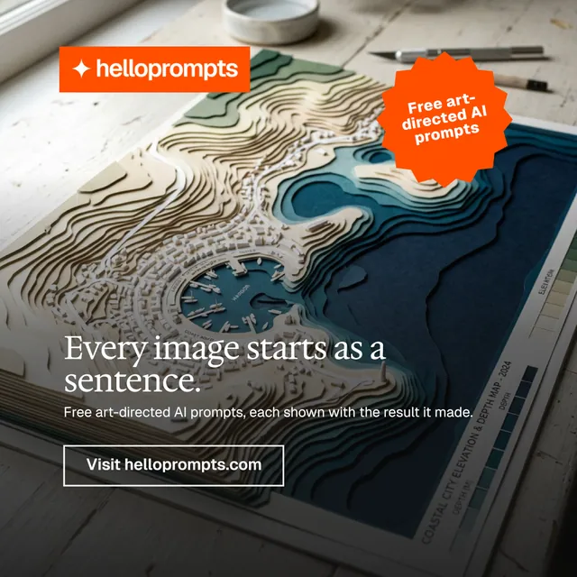 Instagram post for HelloPrompts: "Every image starts as a sentence." Editorial style, sticker layout, dark palette in black, grey, orange.