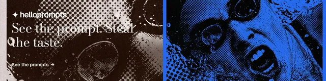 LinkedIn banner for HelloPrompts: "See the prompt. Steal the taste." Minimal luxury style, bottom layout, dark palette in blue, black, orange.