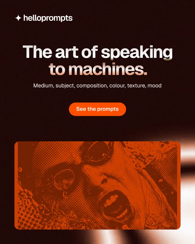 Instagram portrait post for HelloPrompts: "The art of speaking to machines." Y2K style, centred layout, dark palette in black, orange.