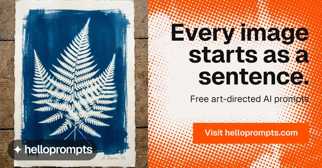 Social ad for HelloPrompts: "Every image starts as a sentence." Swiss style, right layout, light palette in blue, orange, white.