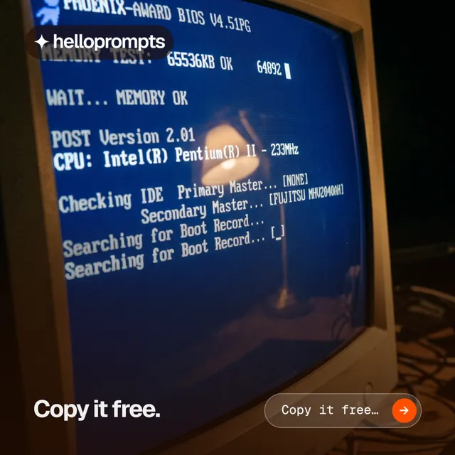 Instagram post for HelloPrompts: "Copy it free." Agentic glass style, image led layout, dark palette in blue, black, grey.