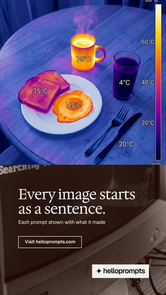 Instagram story for HelloPrompts: "Every image starts as a sentence." Editorial style, bottom layout, dark palette in blue, black, grey.