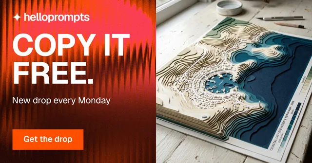 Social ad for HelloPrompts: "Copy it free." Swiss style, bottom layout, light palette in red, grey, orange.