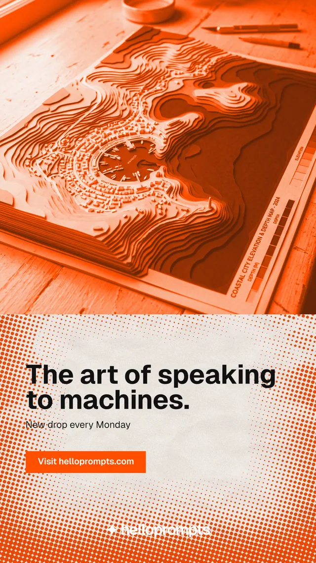 Instagram story for HelloPrompts: "The art of speaking to machines." Retro print style, bottom layout, light palette in orange.