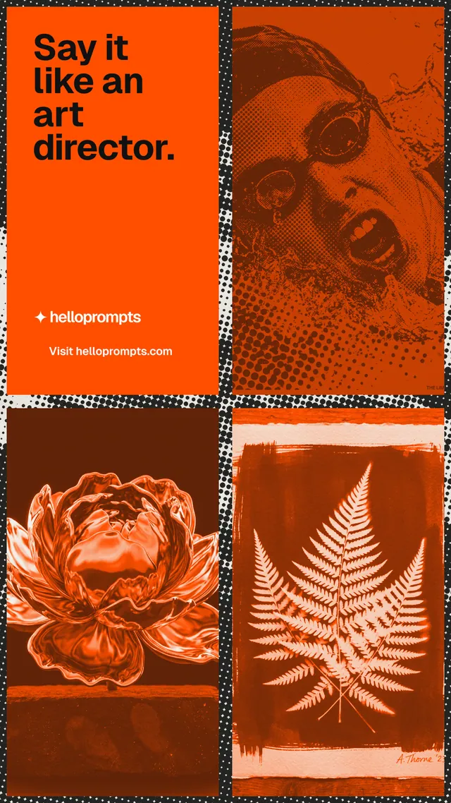 Instagram story for HelloPrompts: "Say it like an art director." Retro print style, collage layout, dark palette in orange.
