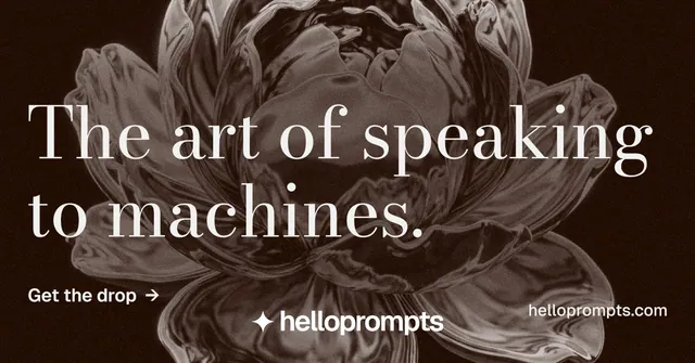 Social ad for HelloPrompts: "The art of speaking to machines." Minimal luxury style, poster layout, dark palette in grey, black, orange.