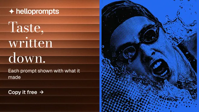 Landscape graphic for HelloPrompts: "Taste, written down." Minimal luxury style, bottom layout, dark palette in orange, blue.