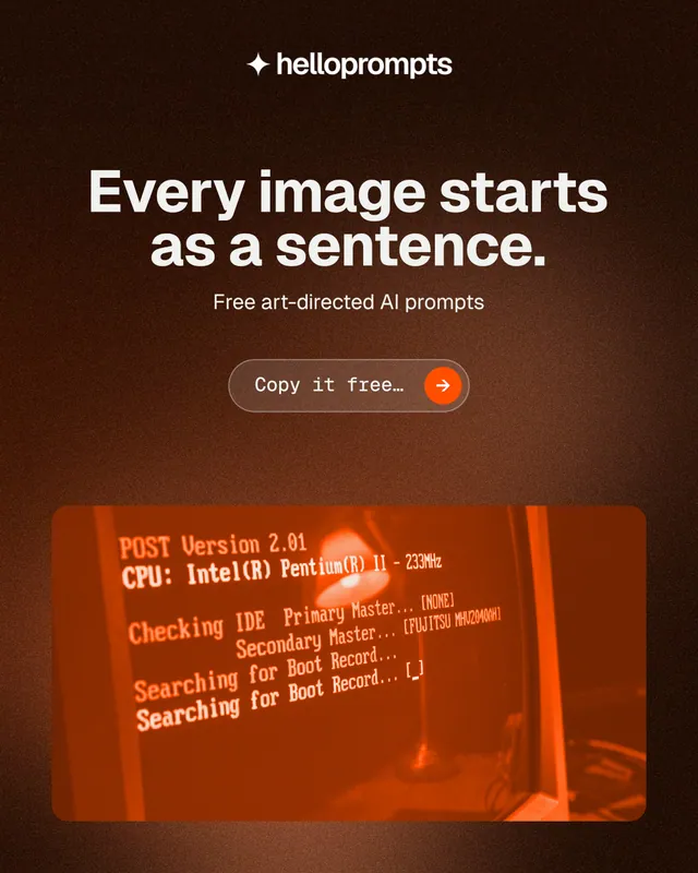 Instagram portrait post for HelloPrompts: "Every image starts as a sentence." Agentic glass style, centred layout, dark palette in black, orange, brown.