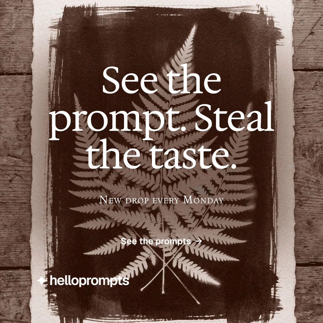 Instagram post for HelloPrompts: "See the prompt. Steal the taste." Editorial style, smallcaps layout, dark palette in orange, grey.