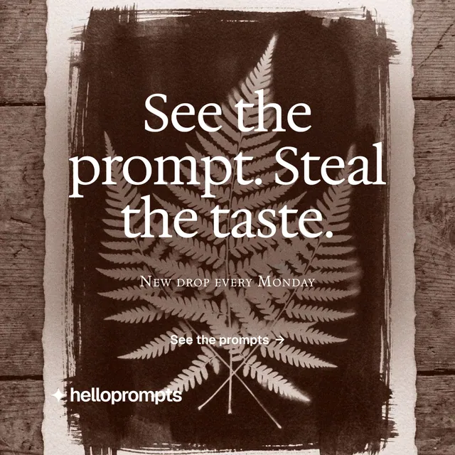 Instagram post for HelloPrompts: "See the prompt. Steal the taste." Editorial style, smallcaps layout, dark palette in orange, grey.