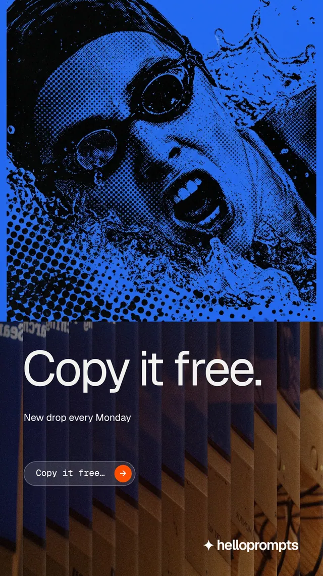 Instagram story for HelloPrompts: "Copy it free." Agentic glass style, bottom layout, dark palette in black, pink, blue.