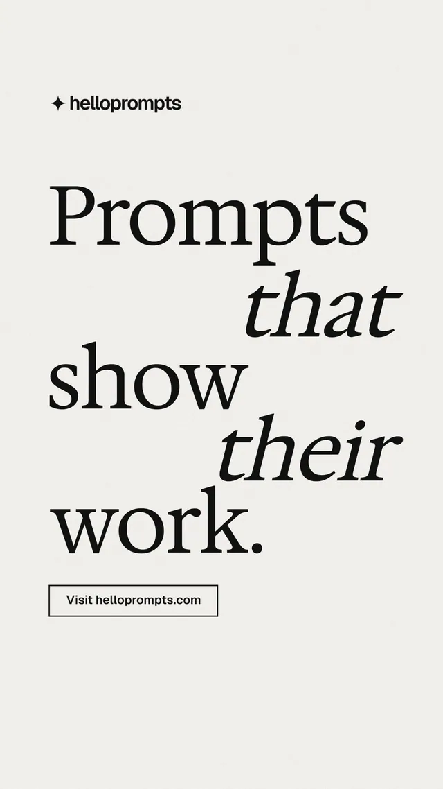 Instagram story for HelloPrompts: "Prompts that show their work." Editorial style, stacked layout, light palette in white, grey.