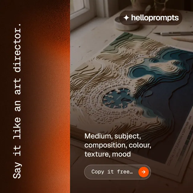 Instagram post for HelloPrompts: "Say it like an art director." Agentic glass style, vertical layout, dark palette in black, orange, grey.