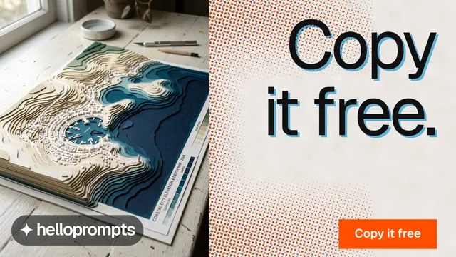 Landscape graphic for HelloPrompts: "Copy it free." Swiss style, right layout, light palette in grey, orange.