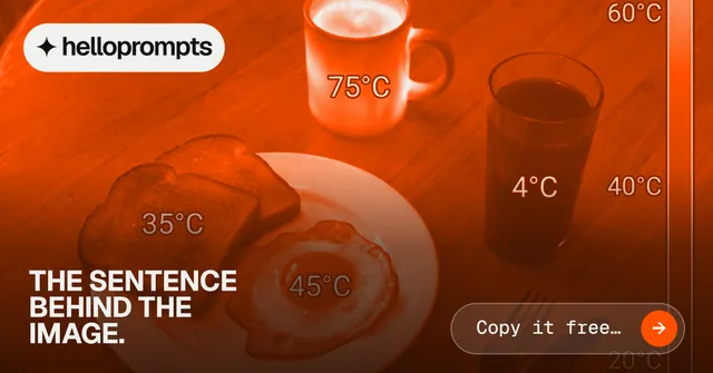 Social ad for HelloPrompts: "The sentence behind the image." Agentic glass style, image led layout, dark palette in orange.
